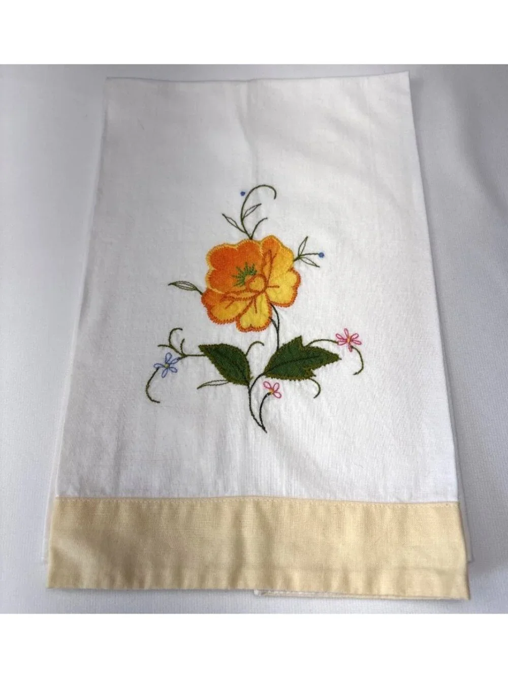 Embroidered Floral White Cotton Dish Towel Yellow Edge 20